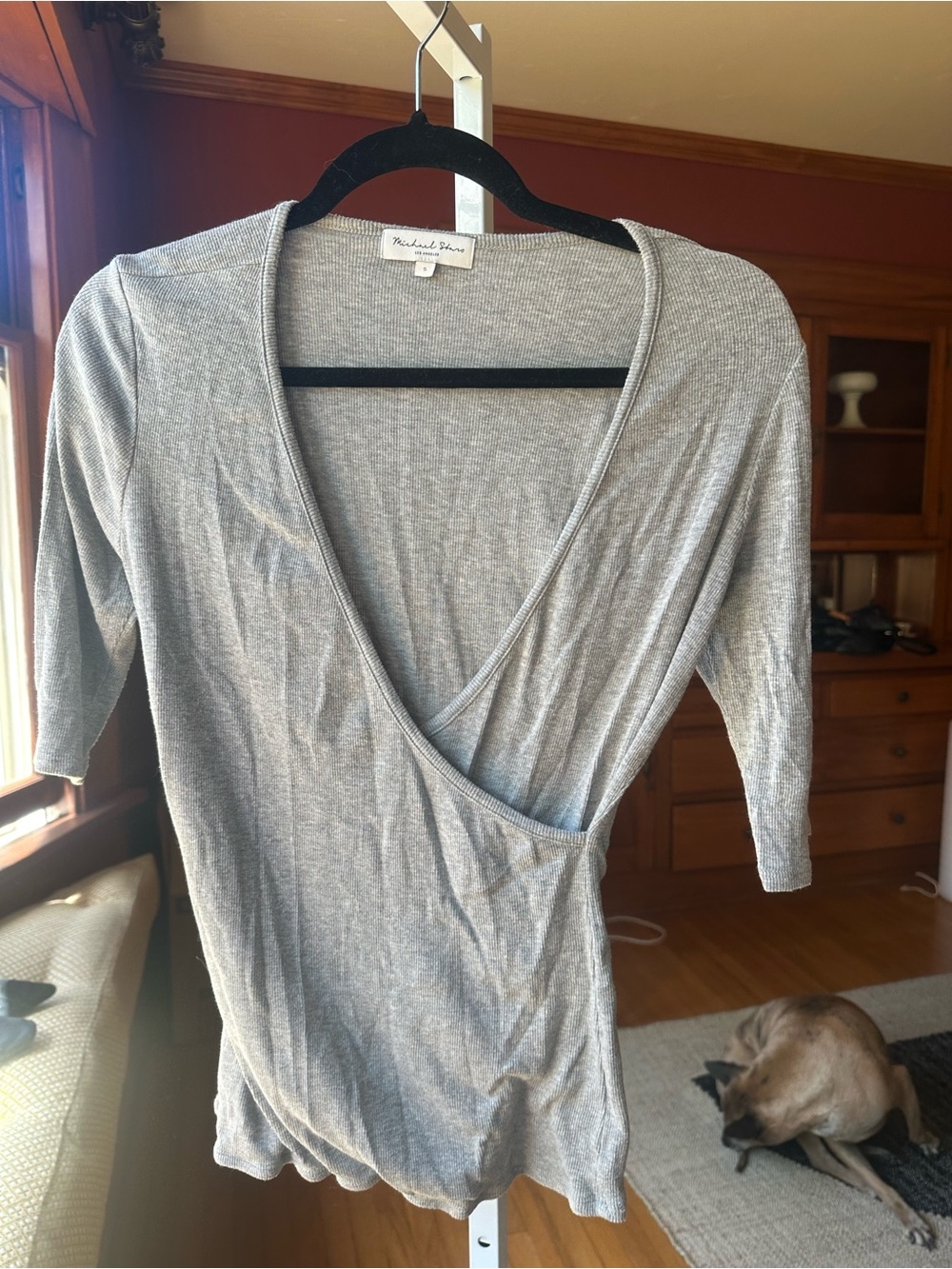 Michael Stars Gray Wrap V-Neck Three-Quarter Sleeve Top